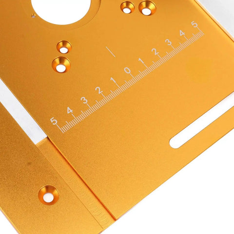 Close-up of Aluminum Router Table Insert Plate With Flip Plate For Woodworking Benches High Precision Machining And Multiple Cutting Functions Includes Screws Easy Swapping Durable Router Table Accessory showing engraved measurements.