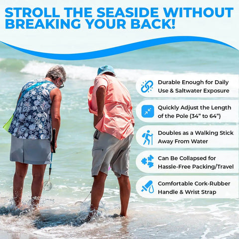 Back Saving Beach Sifter And Shovel Combo For Beachcombing in use on shoreline with adjustable pole, doubles as walking cane, blue