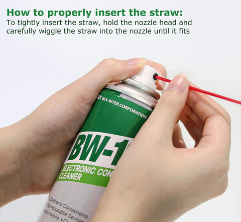 Inserting straw into Non Flammable Electronic Contact Cleaner Aerosol for Joy Cons and PCBs 8oz nozzle
