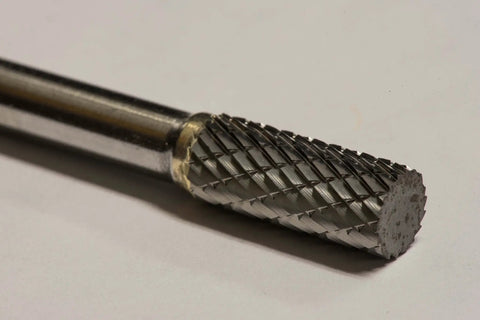 Close-up of Five Sixteenth Inch SA 2 Cylinder Bur Double Cut Solid Carbide tool for precise material removal on metals. Focus on burr head.