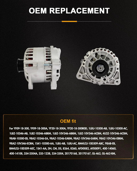 Front and side view of beefed up alternator compatible with Ford Escape two point oh liter 2001 through 2004 and Ford Focus two point oh liter 2000 through 2004 OE 8260N 8264N replacement for reliable charging easy install durable output and smooth electrical system operation.