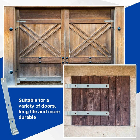 4 Pack 12 Inch Zinc Strap Hinges installed on wooden barn and shed doors, showcasing durability for gates and tool sheds.