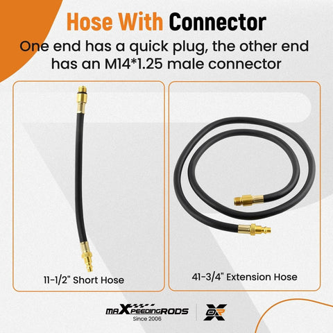 Hose with connector showing 11-1/2 inch short hose and 41-3/4 inch extension hose with quick plug and M14 male connector