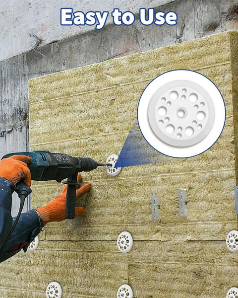100 Pack Plastic Washers 1.77 Inch 45mm For Foam Board Insulation Fixing And Fastening Polypropylene Load Spreading Washers shown installed on wall