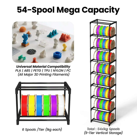High Capacity 54 Spools Of 1kg 3D Printer Filament Storage Rack with heavy duty metal holder, 9-tier design for home and workshop.