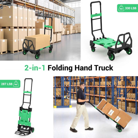 2 In 1 Folding Hand Truck With Foldable Basket For Luggage And Groceries, Convertible Dolly Cart With 4 Wheels And Retractable Handle