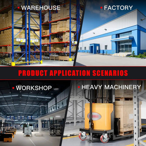 Image showing product application scenarios: warehouse, factory, workshop, and heavy machinery environments.
