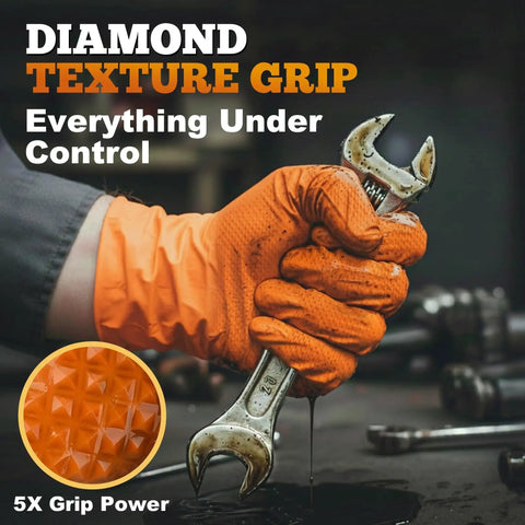 Gloved hand with wrench showing Heavy Duty Orange Nitrile Gloves 8 Mil Powder Free Diamond Grip 1000 Count, textured grip detail