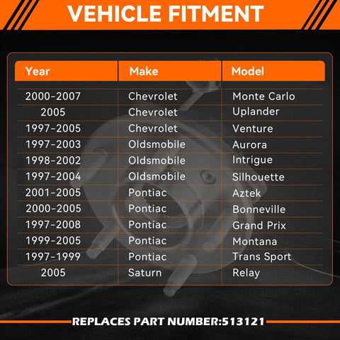 Vehicle fitment chart for Front Left/Right Wheel Hub & Bearing Assembly 513121, showing compatible GM car models and years.