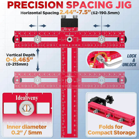 Adjustable Cabinet Hardware Jig For Precise Hole Alignment In Knobs And Handles DIY Cabinet Install Drill Guide Template Spacing From 2.5 Inch To 7.5 Inch Aluminum Body Built To Last And Easy To Use For Quick Boss Level Accuracy showing red aluminum body, markings for accurate hole drilling, and lock/unlock mechanism.