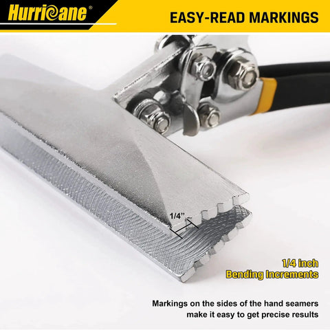6 Inch Straight Jaw Sheet Metal Hand Seamer for Flattening and Bending Ducts, Precision Quarter Inch Increments, Double Dipped Cushion Handle, Non Slip Grip for HVAC Pros, Ductwork Pliers for Seam Strength and Versatility Hurricane, close-up view of jaw with 1/4 inch increments