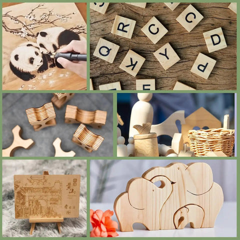 10 Pack Basswood Sheets 12 By 18 By One Eighth Inch Unfinished Wood For Crafts Laser Cutting Engraving Wood Burning Architectural Models Painting 3mm Lightweight Basswood Plywood DIY Projects displayed in various craft forms like painting and blocks.