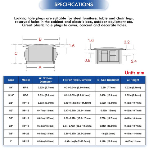 Specification chart for 250 Piece Nylon Hole Plugs Set In 8 Sizes 1/4 To 1 Inch Black Flush Panel Knockout Locking Plugs.