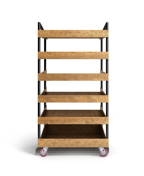 Wooden shelving cart on 4x2 inch heavy duty swivel casters with polyurethane wheels, ideal for furniture and workbench support.