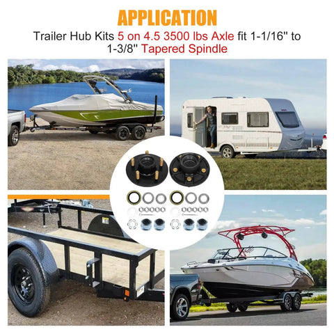 Trailer Hub Kit Five Bolt Four And A Half Inch 3500 Pound Capacity Fits One And One Sixteenth To One And Three Eighths Inch Tapered Spindle Five Lug Boat Trailer Hubs EZ Lube Axle Compatible With Dexter Al Ko Lippert Quality And Other Brands, shown in various applications with boats and trailers.