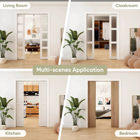 Concealed Sliding Pocket Door Track Kit With 12 Foot Dual Rail System for 48 to 72 Inch Wide Double Doors in home settings.