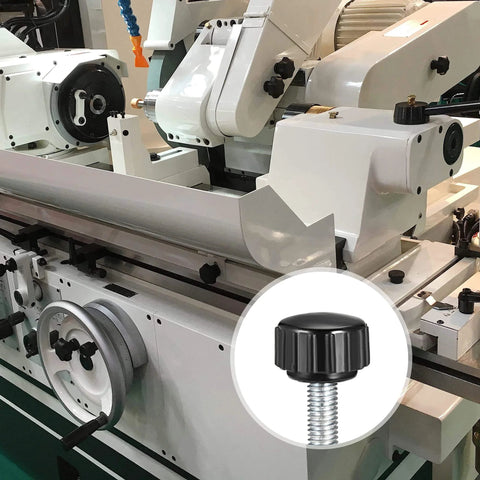 Close-up of machinery with Six Pack Knurled Clamping Knobs M6 X 25mm Thumb Screws With 21mm Round Head, Zinc Plated Carbon Steel Black, Metric Thread Hand Bolts For Equipment And Machinery, Quick Adjustable Fastening.