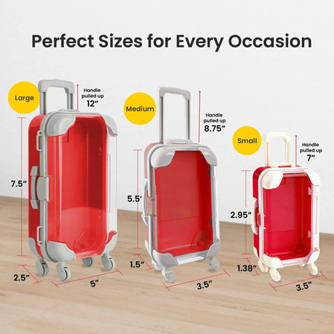 Cool Mini Suitcase Party Favor Boxes With Wheels For Gifts And Treats Three Sizes Shown With Measurements On Wood Floor
