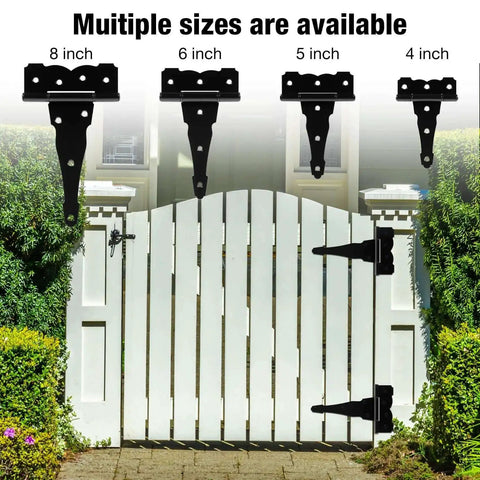 4 sizes of black decorative barn door hinges on a white gate, featuring 6 Pack Heavy Duty 8 Inch T Strap Barn Door Hinges 2.5mm Thick Steel