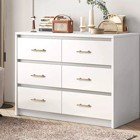 Two Pack Solid Brass Cabinet Handles In Gold Finish, 6.22 Inch Length, installed on white dresser drawers