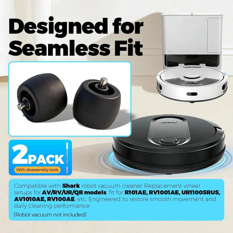 2 Pack Front Caster Wheel Compatible With AV RV UR QR Series Models Including R101AE RV1001AE UR1100SRUS AV1002AE AV1010AE RV100AE And More With Disassembly Tool For Easy Replacement shown with Shark robot vacuum