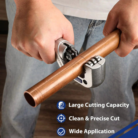 Versatile Tubing Cutter Set For Copper Aluminum Brass And Plastic Pipes One Eighth To One Quarter Inch Cutting Capacity In Use