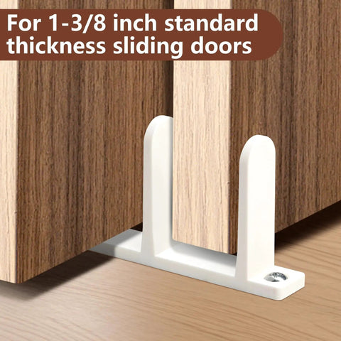 Close-up of 4 Pack Universal ABS Sliding Closet Door Floor Guides for 1-3/8 Inch Thick Doors White Bottom Guides With Screws installed.