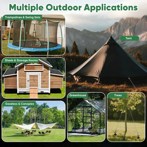Collage showing uses of 18 Inch Ground Anchors Screw In Heavy Duty Shed Anchor Kit for sheds, trampolines, tents, and trees in windy areas.