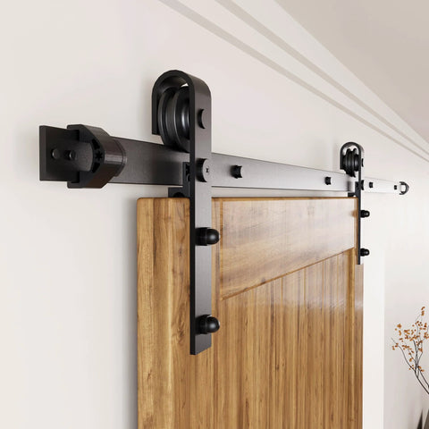 Black Rustic Non-Bypass Sliding Barn Door Hardware Kit For One Door, 10ft Flat Track With Tough As Nails Heavy Duty Nylon Roller System