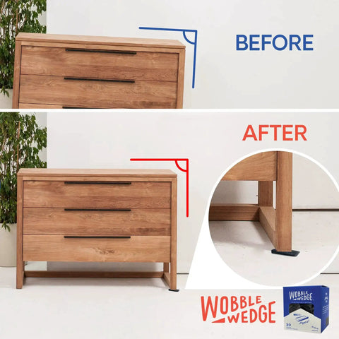 Before and after image of wooden cabinet leveled with Rigid Black Plastic Shim Wedges for DIY home improvement, 30 pack
