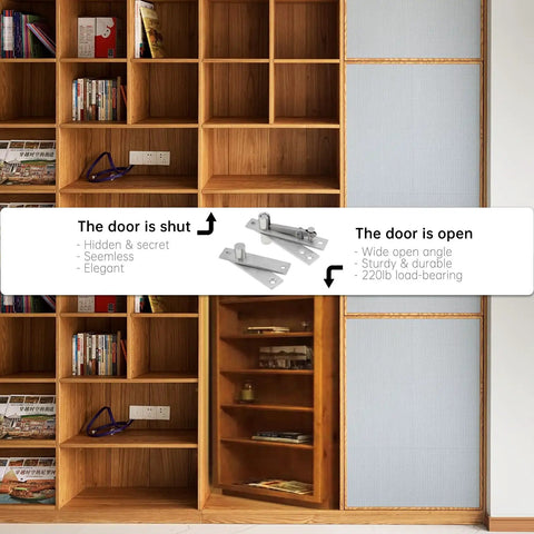 Heavy Duty Stainless Steel Door Pivot Hinge For Wood Doors Hidden 360 Degree Rotation Revolving Door Hardware For Bookshelves Secret Doors And Invisible Pivot Door Kit installed in a wooden bookshelf creating a secret door.