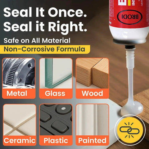 Industrial RTV Silicone Gasket Maker Sealant With Auto Dispensing Nozzle shown sealing wood and metal surfaces, non-corrosive.