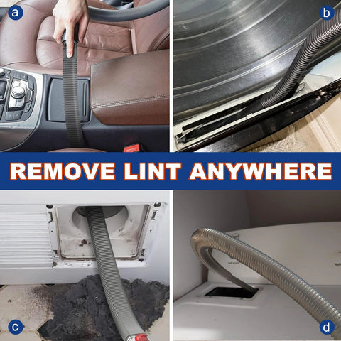 Sealegend dryer vent cleaner kit with flexible gray hose for Dyson cordless vacuums; shown in car interior, dryer vent, and laundry area.