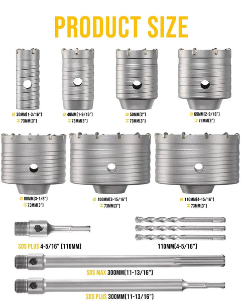 13 Piece Concrete Hole Saw Kit with Tungsten Carbide Bits 30mm to 110mm, includes 300mm SDS Plus and SDS Max drill bits, sizes shown.