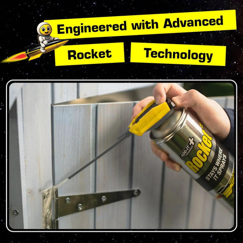 Person spraying All-In-One Multi-Purpose Lubricant Spray For Rusted Bolts, Tools, Bikes And Garden Gear on a metal hinge