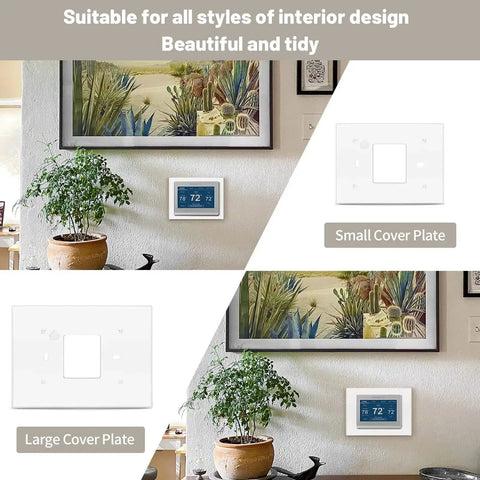 Thermostat Backplate And White Wall Mount Cover Plate For THP2400A1027W shown with small and large cover plates installed