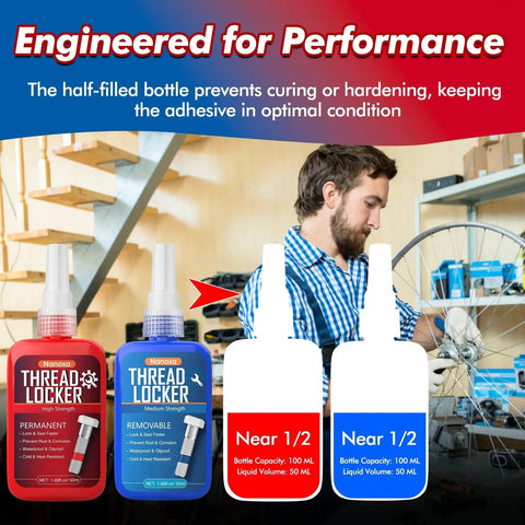 Blue And Red Thread Lock Duo For Nuts And Bolts, Medium Strength Blue And High Strength Red Threadlocker For Fasteners, Metals And Leakage Prevention, 50ml Each, 2 Pack, Removable And Permanent, Vibration Resistant, Ideal For Cars And Machines By Nanoxa with engineer in workshop