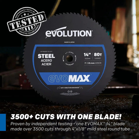 Evolution EVOMAX 14-inch steel-cutting saw blade, 80T, anti-vibration.