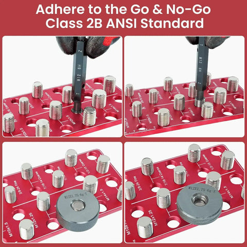Hardcore Wall Mount Thread Checker For Nuts And Bolts, Rustproof CNC Machined Go No Go Gauge, 15 SAE And 15 Metric Size Finder showcasing measurements.
