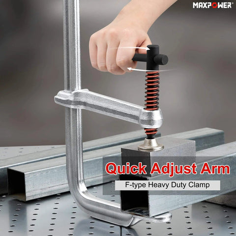 Deep Throat F Clamp for Welding Heavy Duty Bar Clamp with 15 5 8 Inch Jaw Opening, steel clamp in use on metal surface