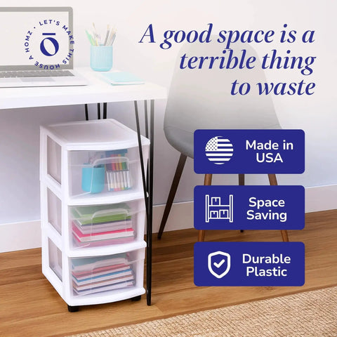 Three Tier Rolling Storage Cart With Removable Wheels in white frame, clear bin drawers, fits under desk for home organization