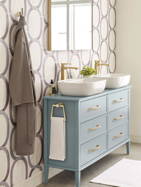 Bathroom with blue vanity featuring Golden Champagne Blackrock Cabinet Pull Drawer Pull And Drawer Handle For Cabinets And Drawers In Transitional Style Six And Five Sixteenth Inch Center To Center Seven And Quarter Inch Overall Length One Pack Cabinet Hardware Amerock on drawers