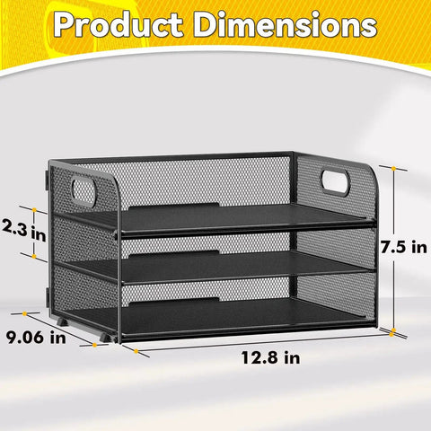 Three Tier Paper Organizer Tray With Handle Mesh Letter Tray dimensions; black mesh design for office home school.