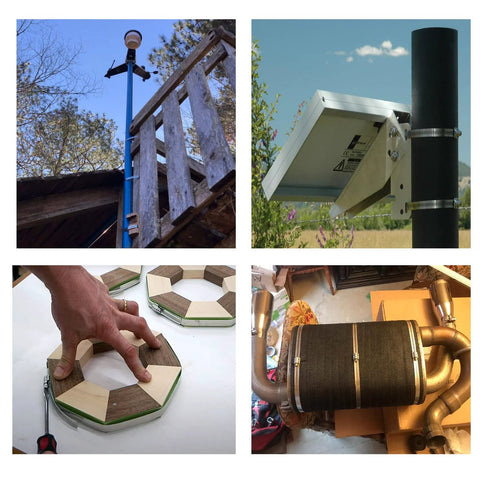 Front view of STEELSOFT stainless steel DIY band clamp system on a blue outdoor post near a wooden railing.
Side view of STEELSOFT band clamp kit mounted on a black post with a metal enclosure outdoors.
Close-up of hands assembling a STEELSOFT band clamp ring from wood segments on a white table.
Installed STEELSOFT exhaust wrap around a metal pipe in a workshop.