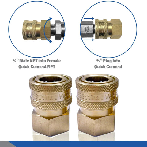 Brass Three Eighths Inch Quick Connect Female NPT Pressure Washer Coupler Set Of Two For 4200 PSI High Pressure Systems Built Tough