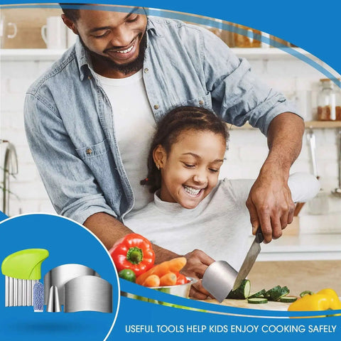 Father and daughter using Knife Safety Guard Set For Cutting Raiten 9 Pcs Include 4 Stainless Steel Knife Protectors