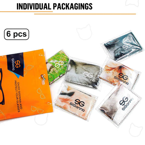 Set Of 6 Microfiber Cleaning Cloths For Glasses, Screens, Lenses And Devices in individual packaging with kitty design