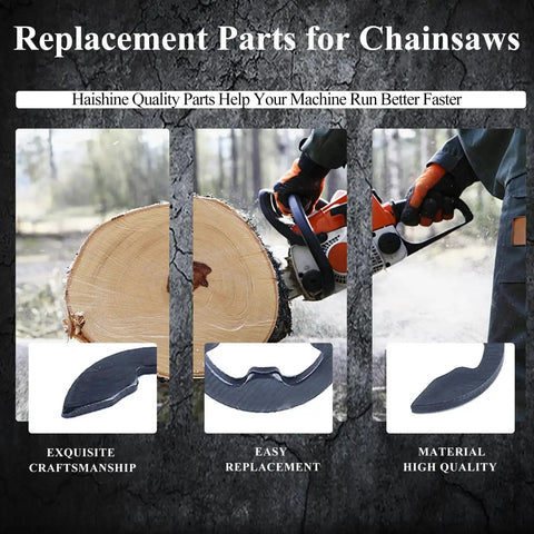 Chainsaw cutting wood with close-up of chainsaw components, showing Ten Pack Clutch Drum E Clip Set For Stihl Chainsaws Pro Grade Sprocket Clips Kit Fits MS170 MS180 MS210 MS230 MS250 MS251 MS440 MS460 MS660 And 017 018 021 024 026 Models