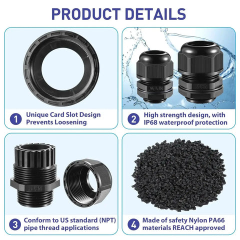 Product details of 25 Pack Nylon Cable Gland Joints One Half Inch NPT Waterproof IP68 with gaskets, highlighting unique card slot and high strength design.
