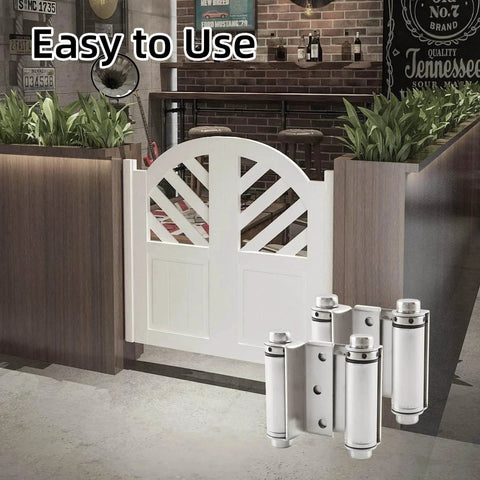 3 Inch Double Action Spring Door Hinge Set with Satin Nickel Finish shown on saloon bar door in cafe setting
